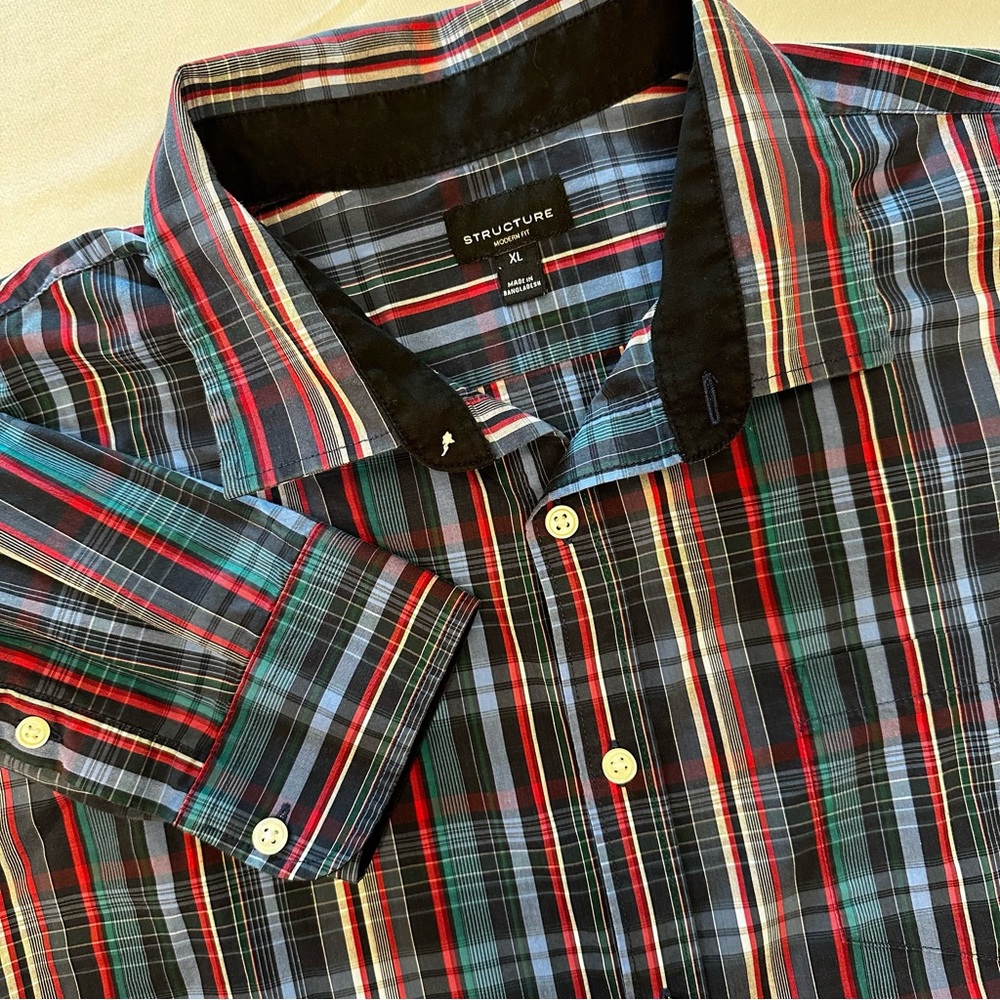 Structure Men's XL Vibrant Blue Plaid Button-Down Long Sleeve Shirt